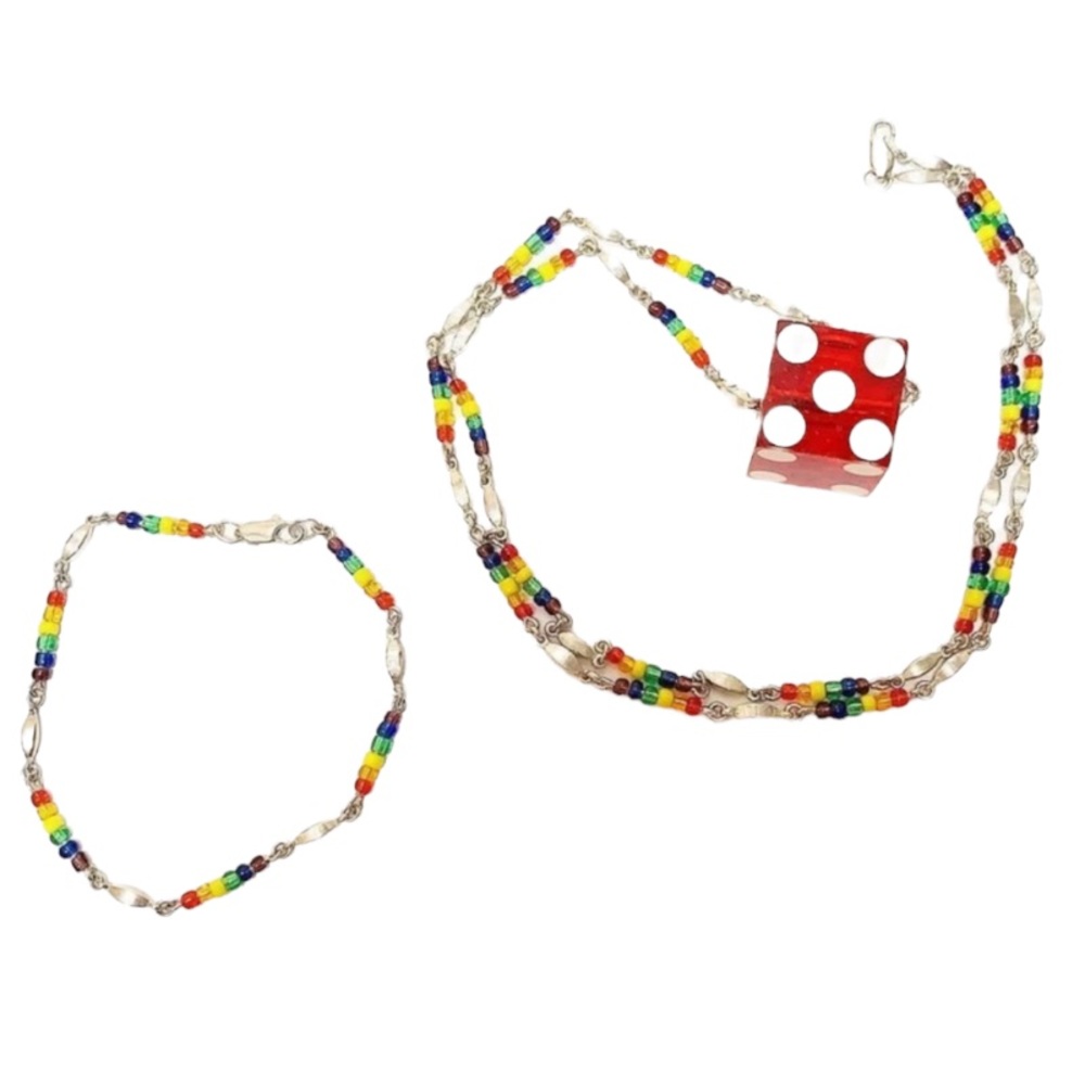 Vintage handmade rainbow beaded lucky dice jewelry set